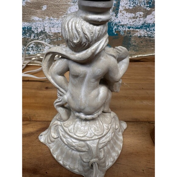 Vintage Cherub Lamp With Fringe Shade Painted Metal - Picture 8 of 9